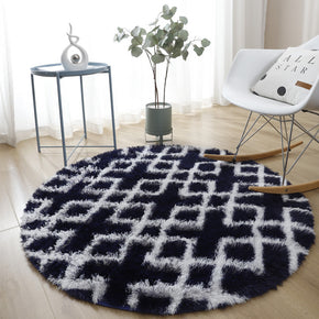 Black White Geometric Soft Round Comfortable Shaggy Rugs Living Room Bedroom Kids Room Bedside Floor Rugs