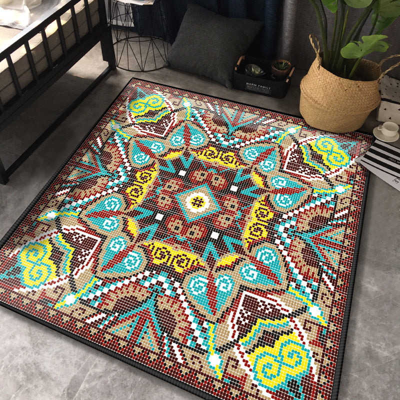 Green Square Traditional Area Rugs Patterned Retro Polyester Carpets for Dining Room Living Room Office Hall Bedroom