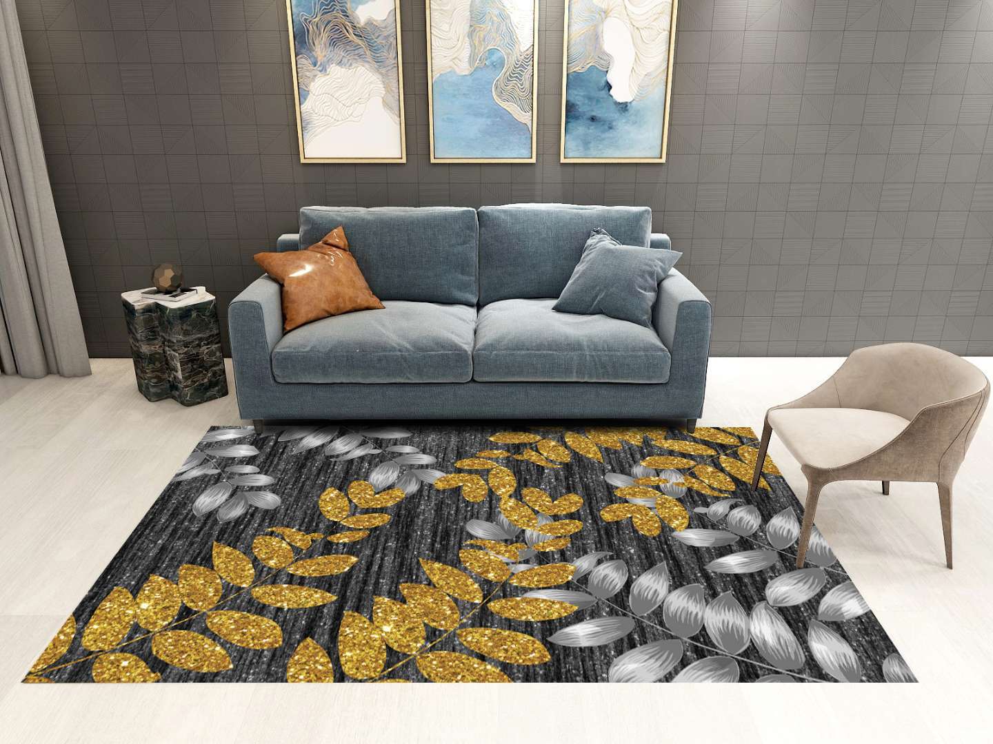 Simple Black Golden Leaves Pattern Rugs for Living Room Dining Room Bedroom