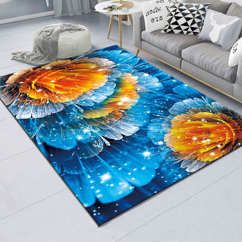 Modern Blue Yellow Flowers Patterned Polyester Carpets Simple Rugs for Dining Room Bedroom Office Hall Living Room