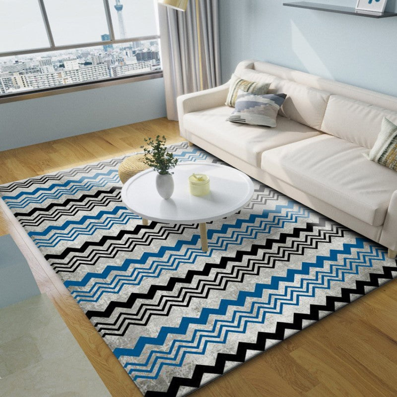 Moroccan Blue Black Rippled Striped Modern Geometric Simplicity Rug 3D Pattern Floor Mat for Bedroom Living Room Sofa Office Hall