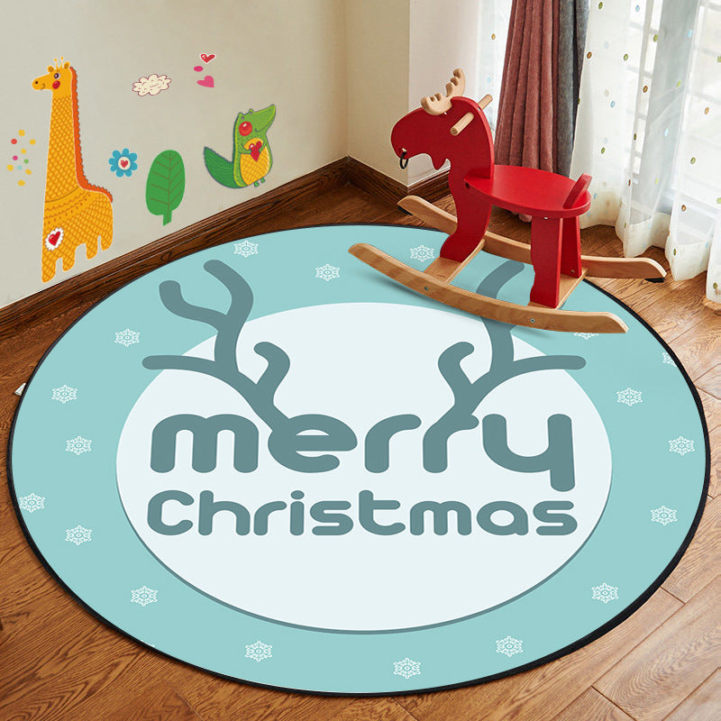 Blue  Merry Christmas   Patterned Modern Round Area Rugs Anti-slip Carpets for Bedroom Living Room Kids Room