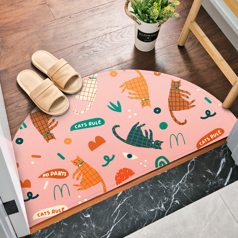 Cartoon Geometric cat Pattern Semicircular Irregular Shape Door Mat for Entryway Bathroom Kids Room