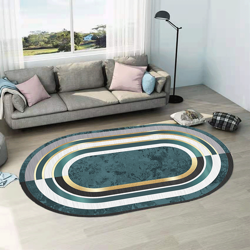 Green Ring Pattern Oval Modern Geometric Rug for Living Room Bedroom Kitchen