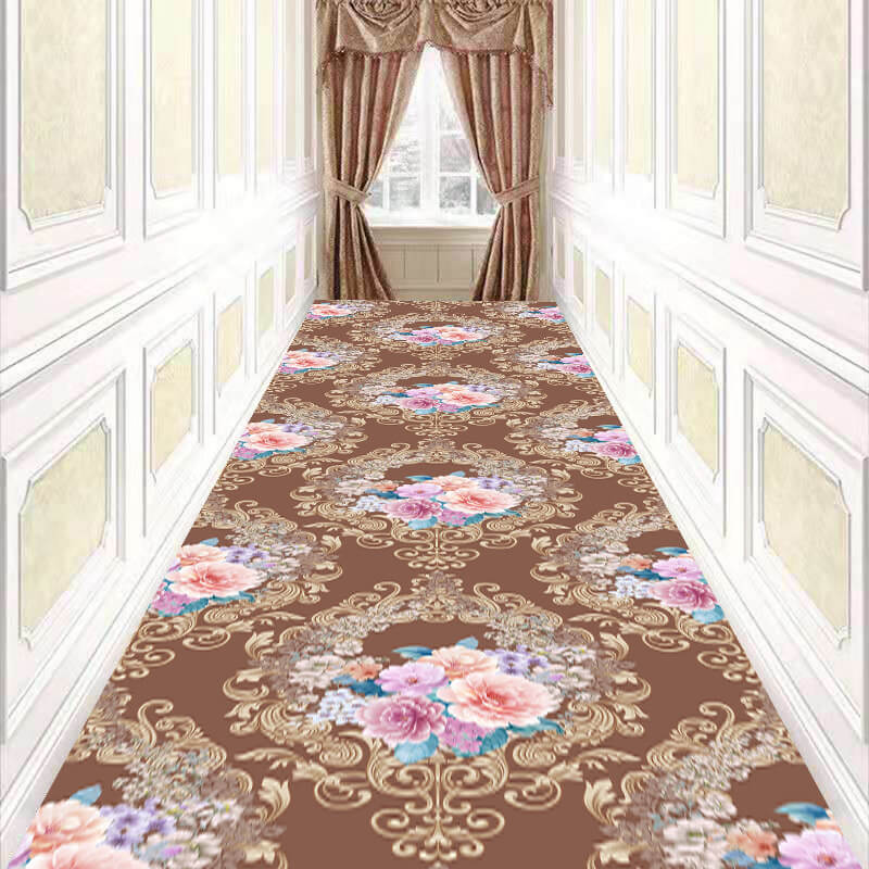Brown Floral Corridor Aisle Household Carpets Modern Polyester Patterned Simple Rugs for Hall Dining Room Bedroom Living Room Office