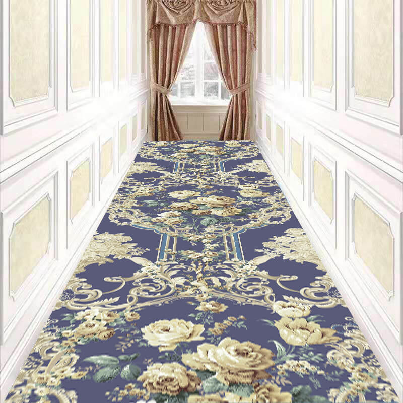 Modern Blue Floral Corridor Aisle Household Polyester Patterned Carpets Simple Rugs for Hall Dining Room Bedroom Living Room Office