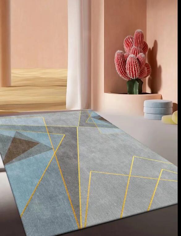 Gold Line Gray Blue Modern Contemporary Simple Geometric Rugs for Living Room Dining Room Bedroom