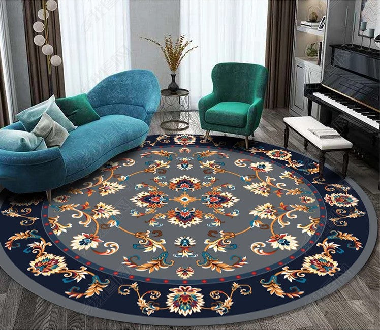 Blue-grey Print Patterned Round Modern Rug for Living Room Bedroom Kitchen Hall