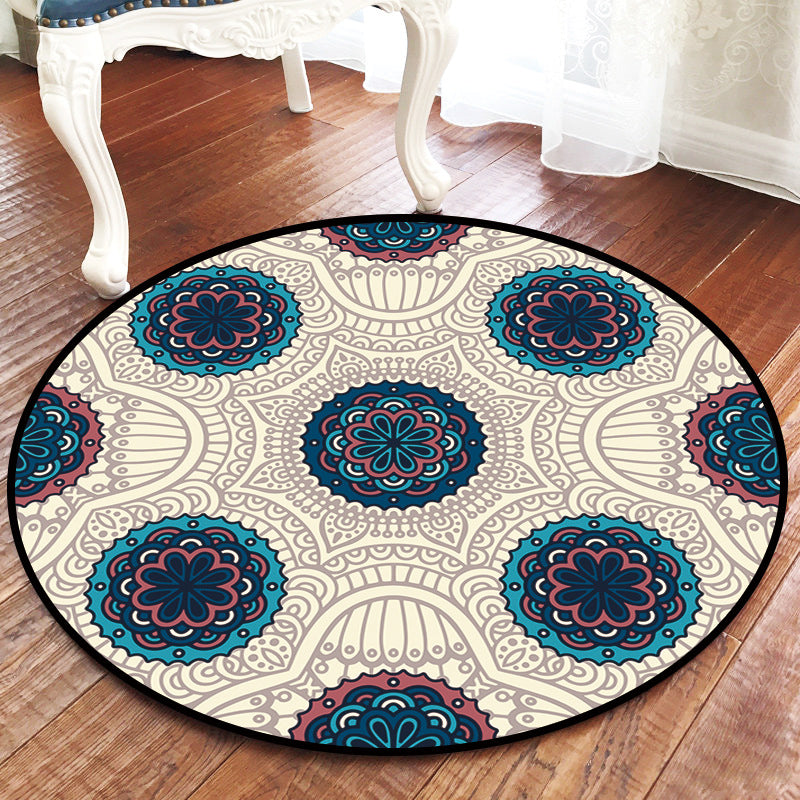 Blue Printed Patterned Round Modern Rug for Living Room Bedroom Kitchen Hall