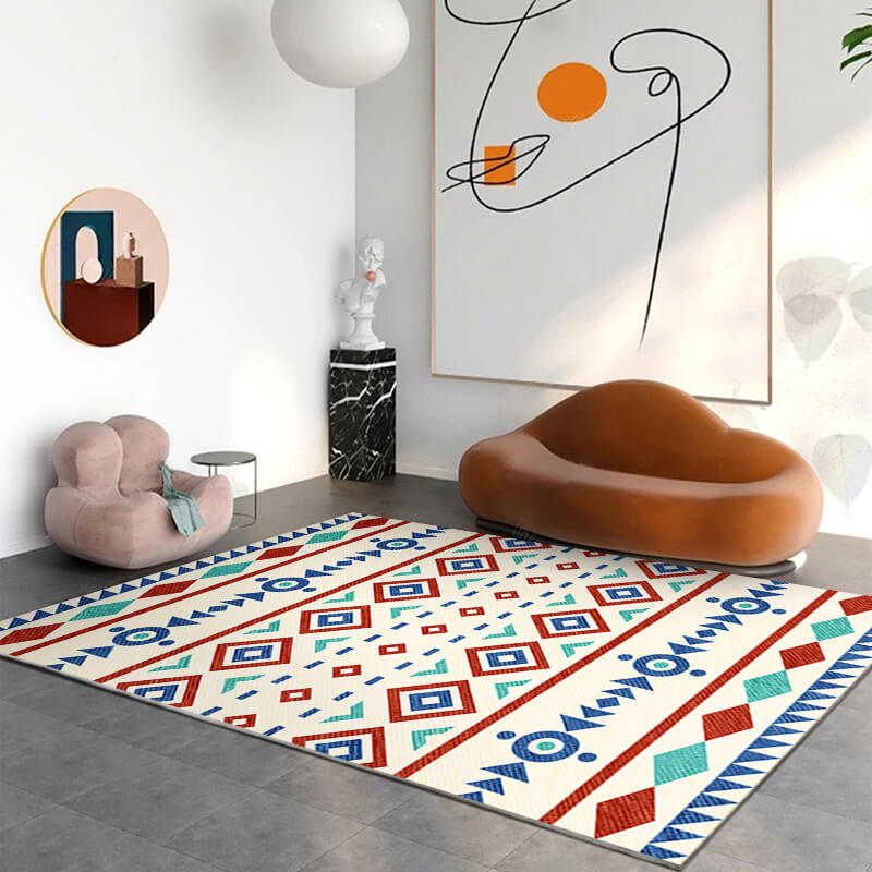 Red Blue Geometric Rug Bedroom Living Room Sofa Floor Mat