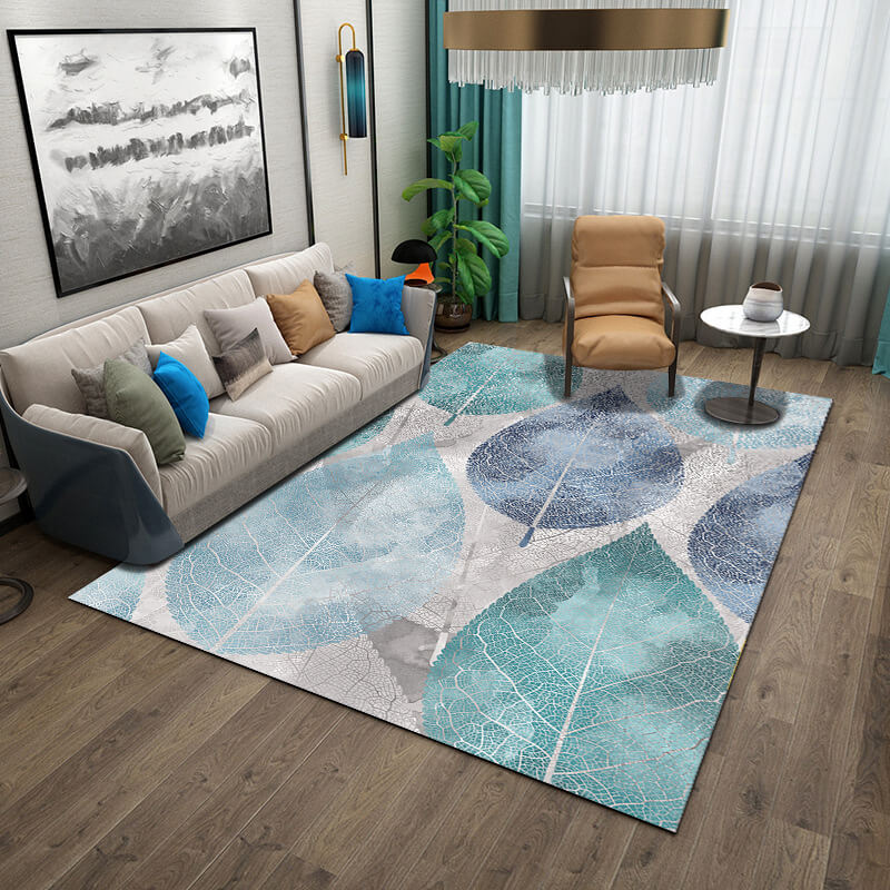 Blue Green Leaves Patterned Modern Rug Bedroom Living Room Sofa Floor Mat