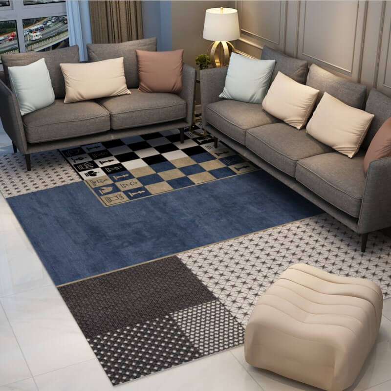 Blue-gray Chess Pattern Geometric Rugs for Living Room Dining Room Bedroom Hall