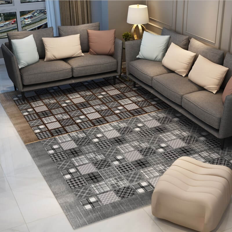 Brown Gray Checkered Geometric Rugs for Living Room Dining Room Bedroom Hall