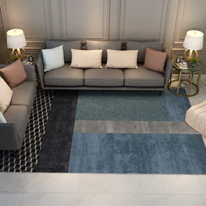 Blue and Black Simple Geometric Rugs for Living Room Dining Room Bedroom Hall
