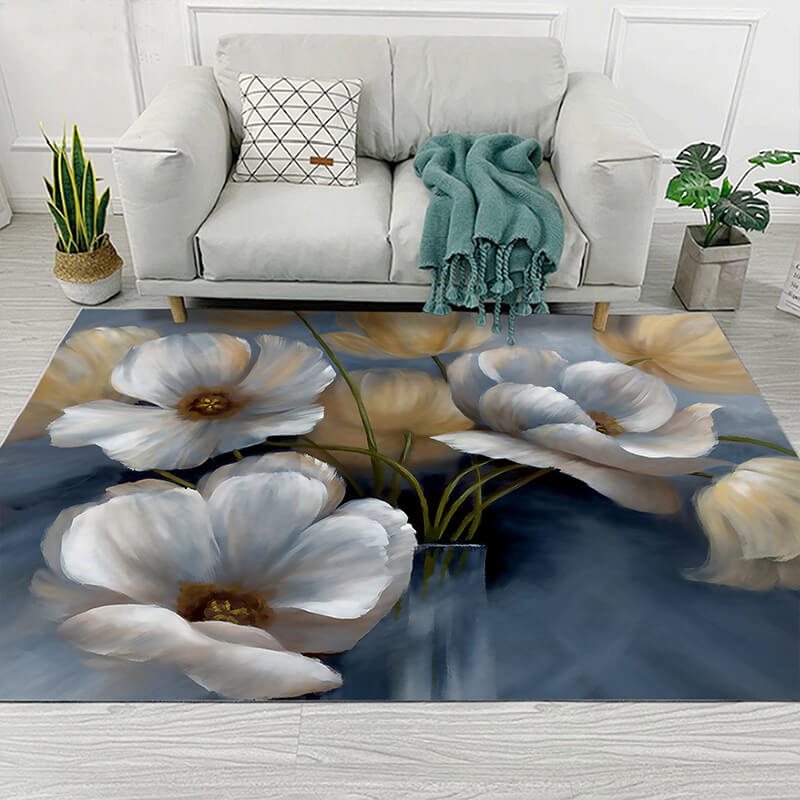 Blue Grey Pastoral Style Flowers Pattern Rugs for Living Room Dining Room Bedroom Hall