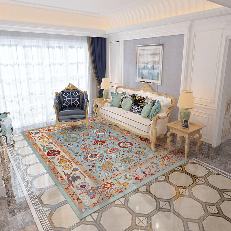 Light Blue Floral Printed Polyester Area Rugs Floor Mat for Living Room Hall Office