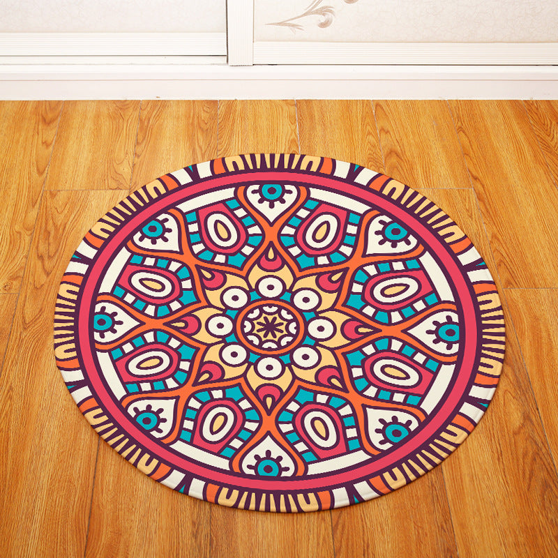 Red Geometric Print Patterned Round Entryway Doormat Rugs Kitchen Bathroom Anti-slip Mats