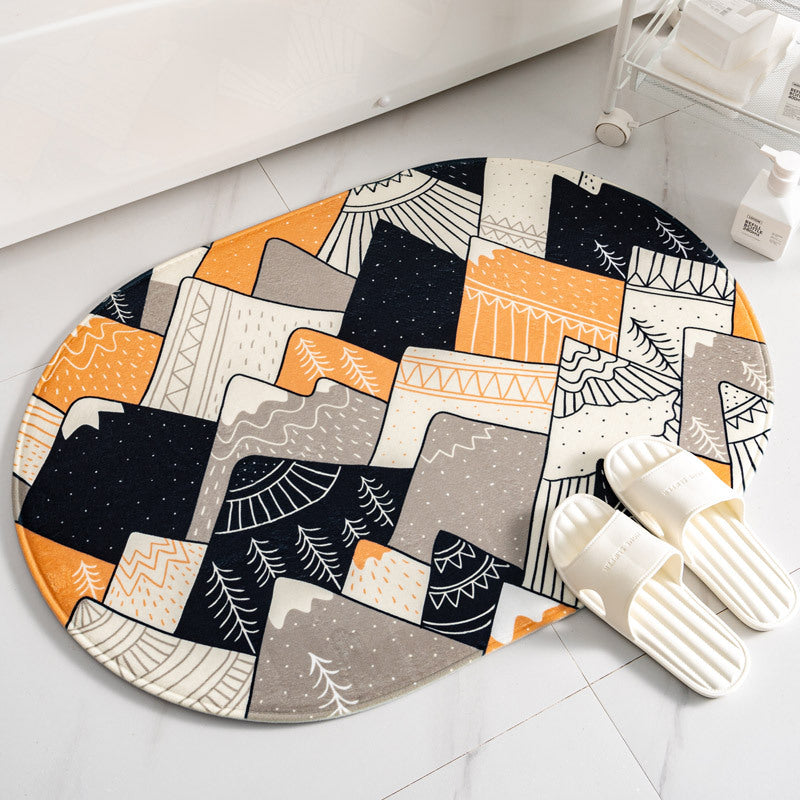 Simplicity Geometric Oval Shape Flannel Modern Patterned Simplicity Entryway Doormat Rugs Kitchen Bathroom Anti-slip Mats