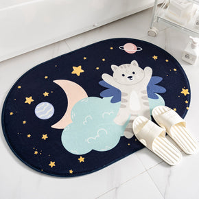 Black Modern Cat Oval Shape Flannel Patterned Simplicity Entryway Doormat Rugs Kitchen Bathroom Anti-slip Mats