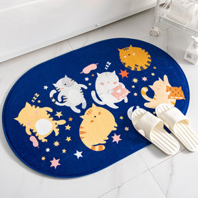 Blue Modern Cat Oval Shape Flannel Patterned Simplicity Entryway Doormat Rugs Kitchen Bathroom Anti-slip Mats