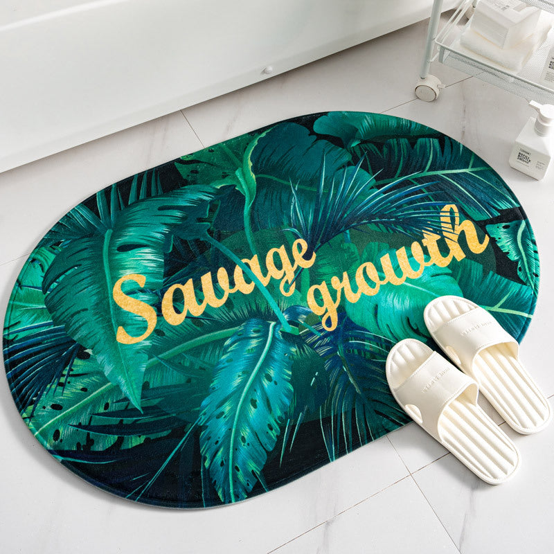 Green Leaves Modern Oval Shape Flannel Patterned Simplicity Entryway Doormat Rugs Kitchen Bathroom Anti-slip Mats