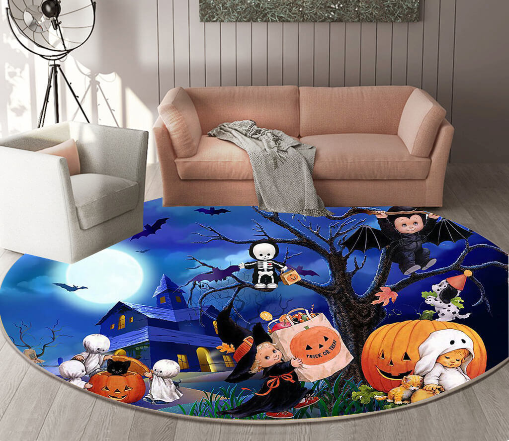 08 Round Halloween Series Pattern Modern Area Rugs Flannel Carpets for Entryway Doormat Kitchen Bathroom Anti-slip Mats
