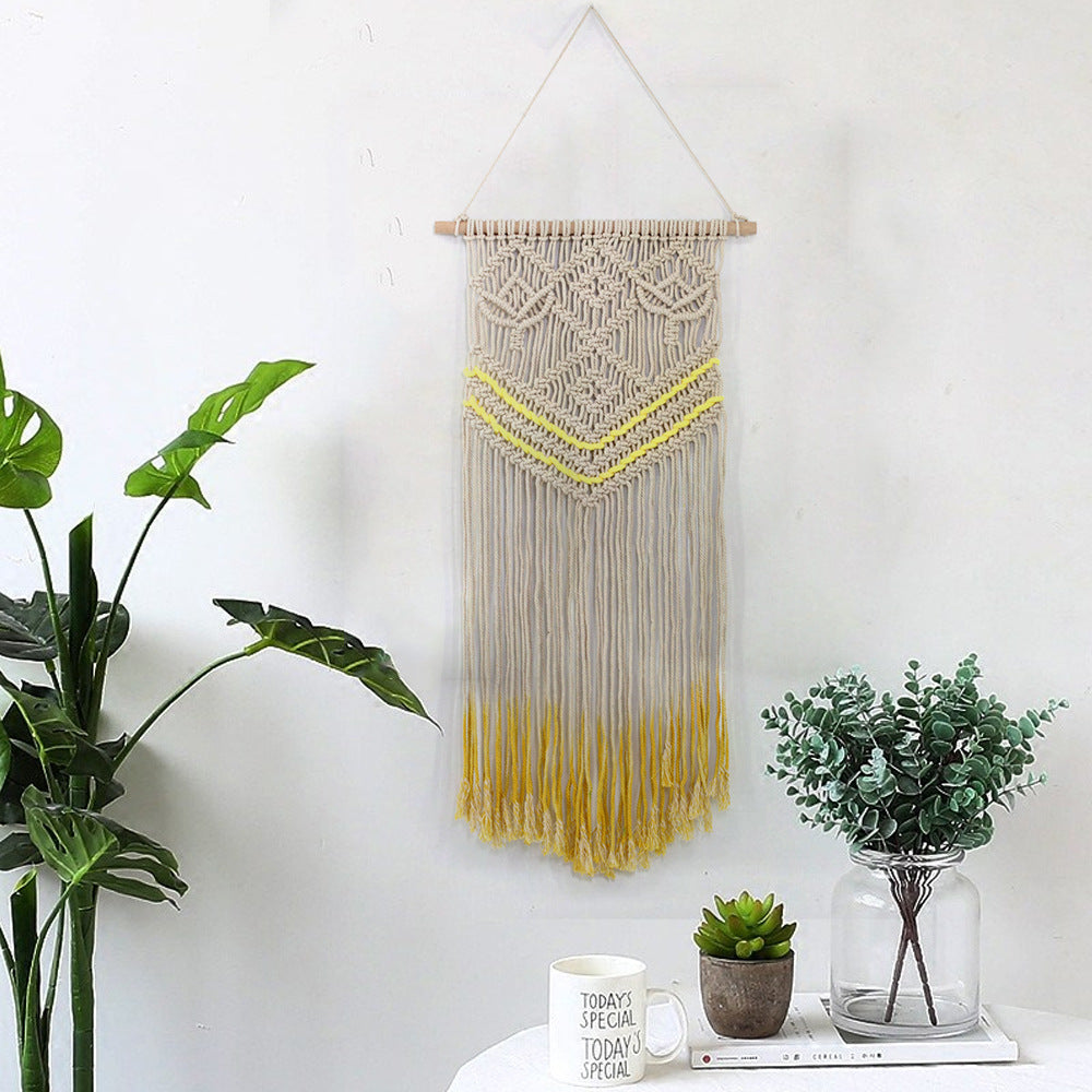 Pretty Beige Hand Woven Cotton Hanging Rugs Tapestry With Yellow Tassel Handwoven For Bedroom Living Room Hall Wall Decor Art Tapestries