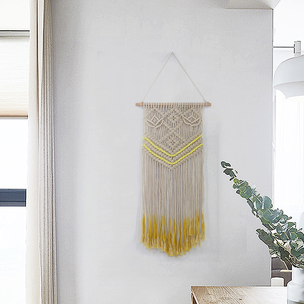 Pretty Beige Hand Woven Cotton Hanging Rugs Tapestry With Yellow Tassel Handwoven For Bedroom Living Room Hall Wall Decor Art Tapestries