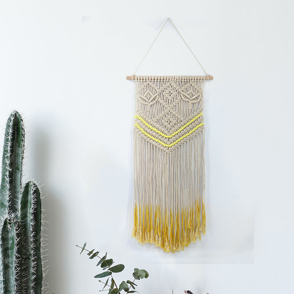 Pretty Beige Hand Woven Cotton Hanging Rugs Tapestry With Yellow Tassel Handwoven For Bedroom Living Room Hall Wall Decor Art Tapestries