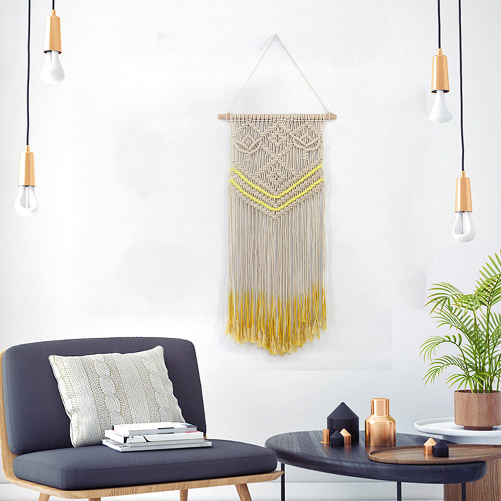 Pretty Beige Hand Woven Cotton Hanging Rugs Tapestry With Yellow Tassel Handwoven For Bedroom Living Room Hall Wall Decor Art Tapestries