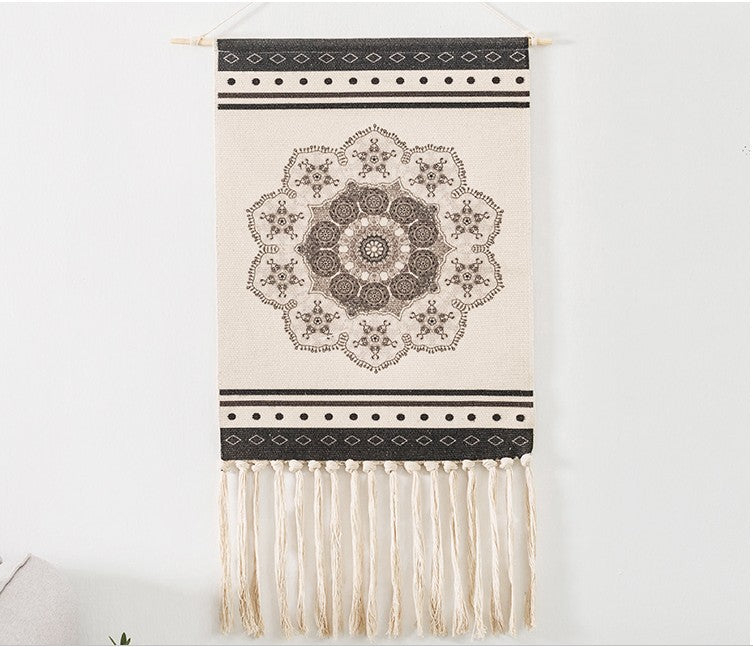 Black Printed Geometric Pattern Cotton Hanging Rugs Tapestry with Tassel Handwoven for Bedroom Living Room Hall Wall Decor Art Tapestries