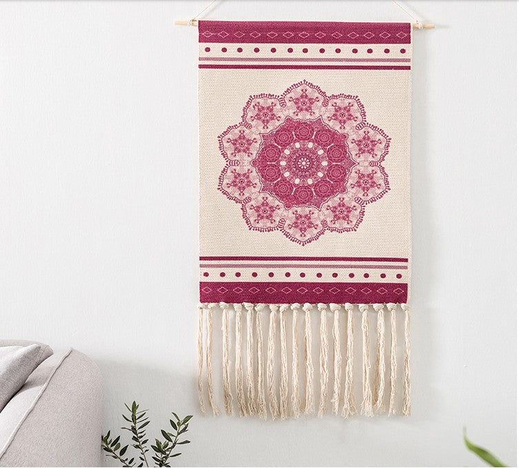 Pink Printed Geometric Pattern Cotton Hanging Rugs Tapestry with Tassel Handwoven for Bedroom Living Room Hall Wall Decor Art Tapestries