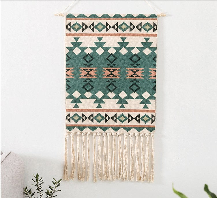 Green Moroccan Decorative Geometric Pattern Cotton Hanging Rugs Tapestry with Tassel Handwoven for Bedroom Living Room Hall Wall Decor Art Tapestries