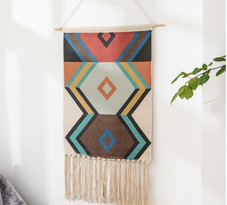 Pretty Colourful Hexagon Geometric Pattern Cotton Hanging Rugs Tapestry with Tassel Handwoven for Bedroom Living Room Hall Wall Decor Art Tapestries
