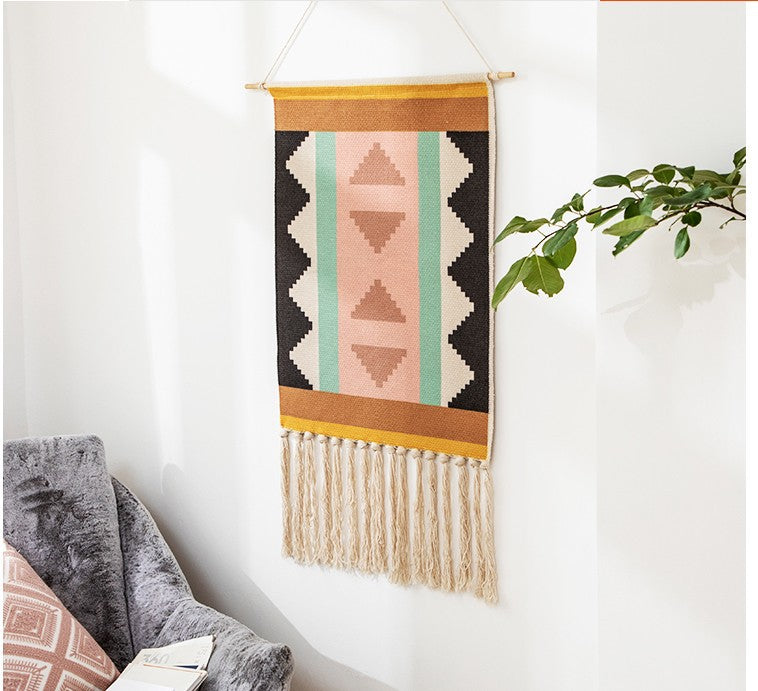 Colourful Triangle Geometric Pattern Cotton Hanging Rugs Tapestry with Tassel Handwoven for Bedroom Living Room Hall Wall Decor Art Tapestries