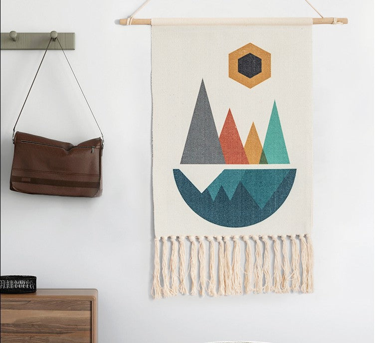 Coloured Geometric Mountain Peaks Pattern Cotton Hanging Rugs Tapestry with Tassel Handwoven for Bedroom Living Room Hall Wall Decor Art Tapestries
