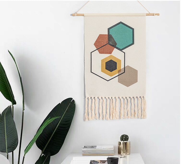 Hexagon Colourful Geometric Pattern Cotton Hanging Rugs Tapestry with Tassel Handwoven for Bedroom Living Room Hall Wall Decor Art Tapestries