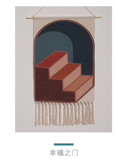Red Stairs Pattern Cotton Hanging Rugs Tapestry with Tassel Handwoven for Bedroom Living Room Hall Wall Decor Art Tapestries