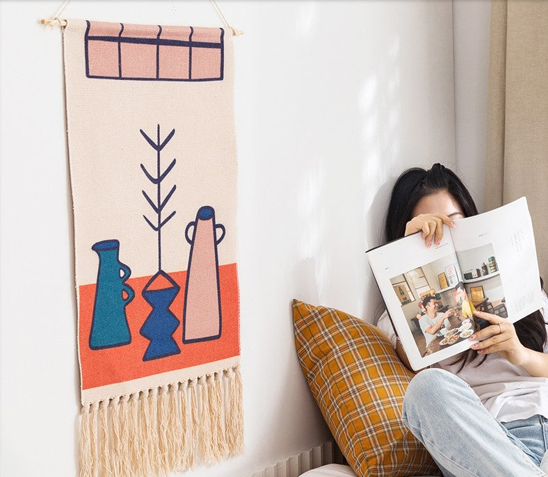 Cartoon Things Pattern Cotton Hanging Rugs Tapestry with Tassel Handwoven for Bedroom Living Room Hall Wall Decor Art Tapestries