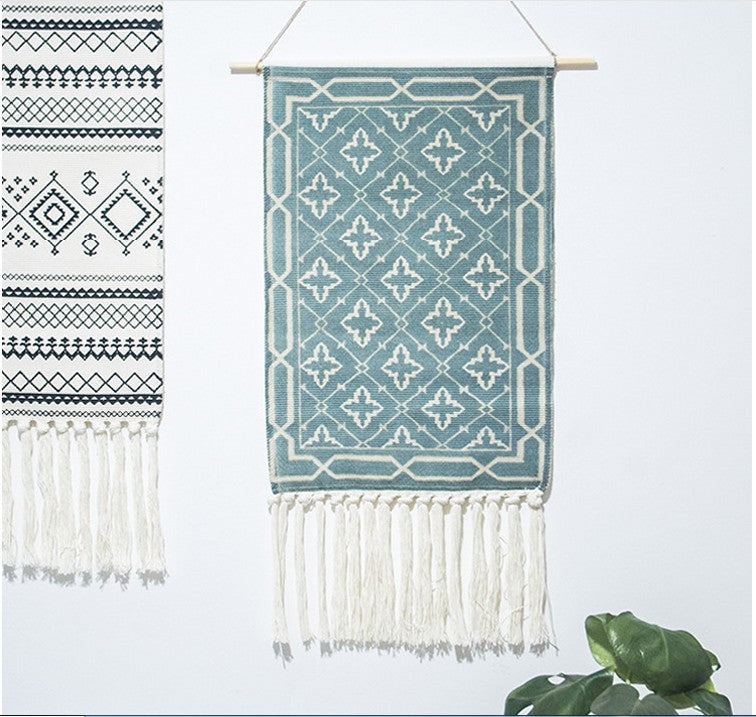 Blue Geometric Pattern Cotton Hanging Rugs Tapestry with Tassel Handwoven for Bedroom Living Room Hall Wall Decor Art Tapestries