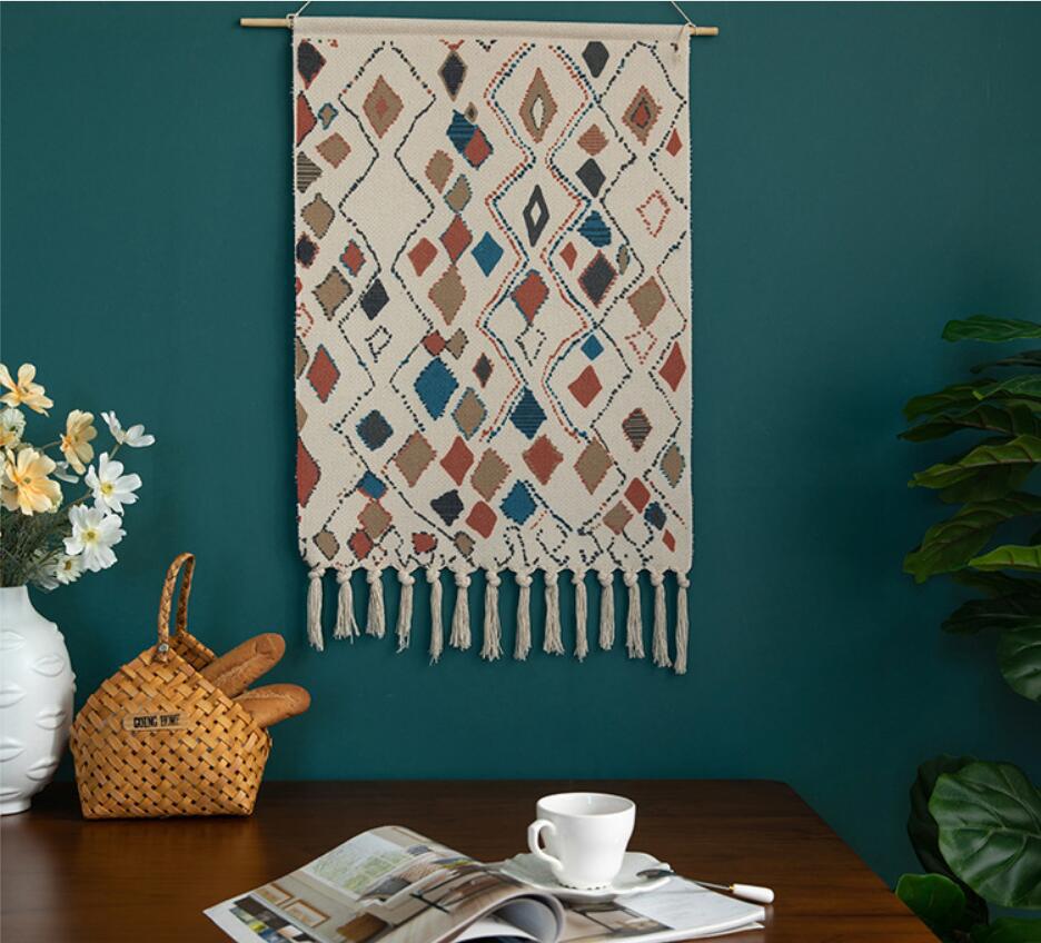 Colourful Geometric Cotton Hanging Rugs Tapestry with Tassel Handwoven for Bedroom Living Room Hall Wall Decor Art Tapestries