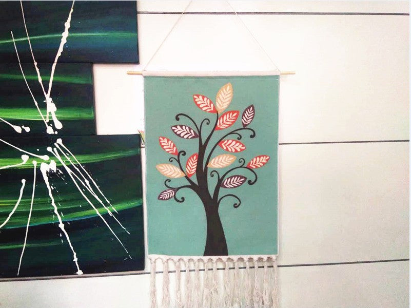 Tree Pattern Green Cotton Hanging Rugs Tapestry with Tassel Handwoven for Bedroom Living Room Hall Wall Decor Art Tapestries