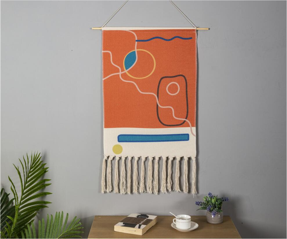 Orange Striped Geometric Cotton Hanging Rugs Tapestry with Tassel Handwoven for Bedroom Living Room Hall Wall Decor Art Tapestries