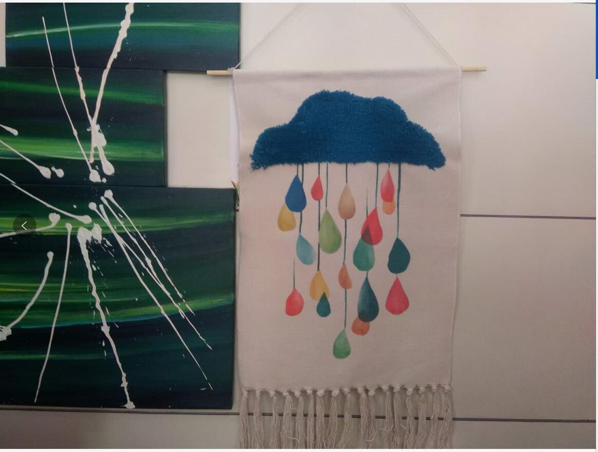 Clouds and Raindrops Pattern Cotton Hanging Rugs Tapestry with Tassel Handwoven for Bedroom Living Room Hall Wall Decor Art Tapestries