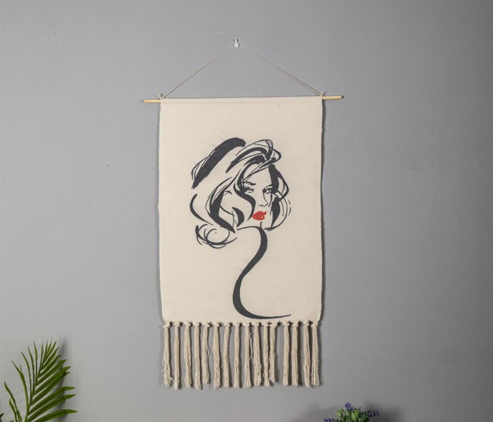 Simple Portrait Painting Pattern Cotton Hanging Rugs Tapestry with Tassel Handwoven for Bedroom Living Room Hall Wall Decor Art Tapestries