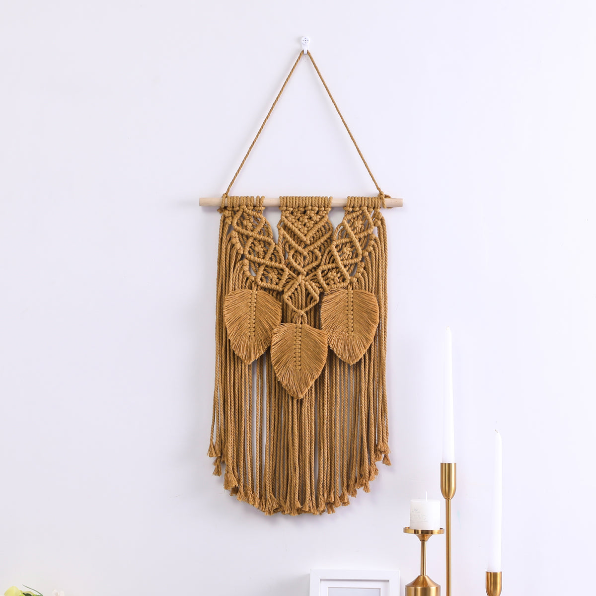 Brown Hand Woven Leaves Ornament Cotton Hanging Rugs Tapestry With Tassel Handwoven For Bedroom Living Room Hall Wall Decor Art Tapestries