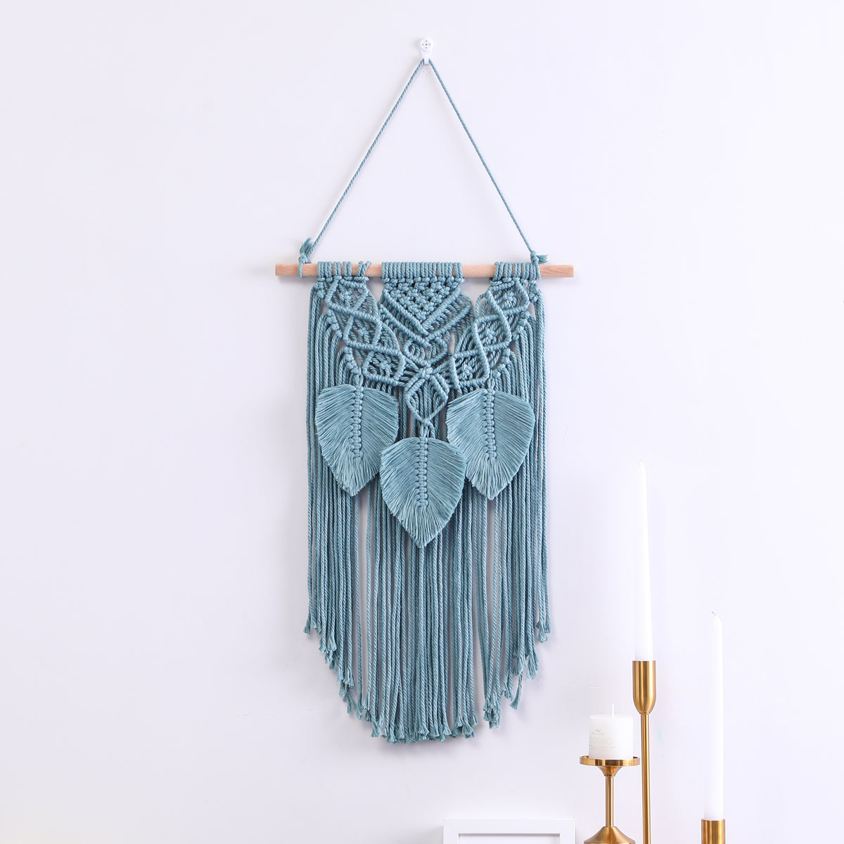 Blue Hand Woven Leaves Ornament Cotton Hanging Rugs Tapestry With Tassel Handwoven For Bedroom Living Room Hall Wall Decor Art Tapestries