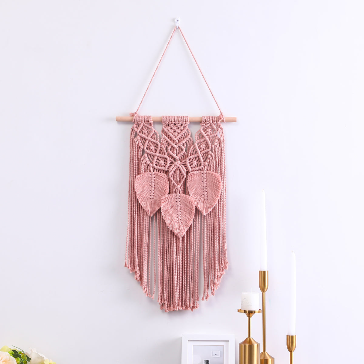 Pink Hand Woven Leaves Ornament Cotton Hanging Rugs Tapestry With Tassel Handwoven For Bedroom Living Room Hall Wall Decor Art Tapestries