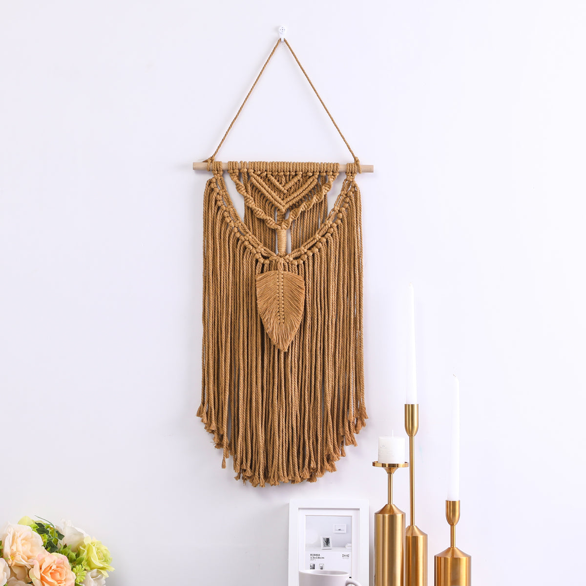 Handmade Brown Leaf Ornament Cotton Hanging Rugs Tapestry With Tassel Handwoven For Bedroom Living Room Hall Wall Decor Art Tapestries