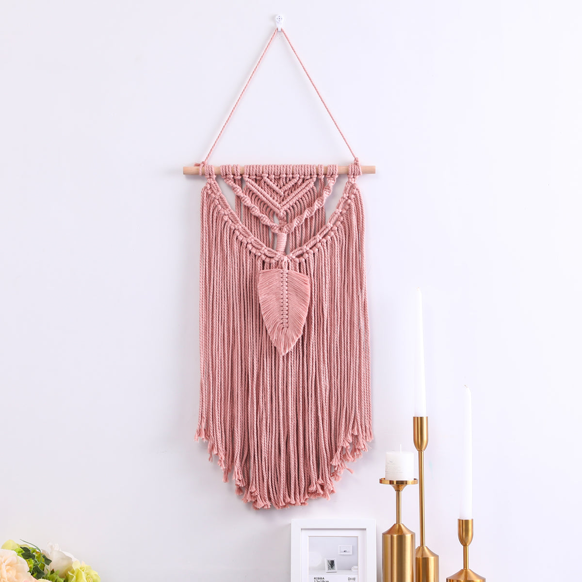 Pretty Handmade Pink Leaf Ornament Cotton Hanging Rugs Tapestry With Tassel Handwoven For Bedroom Living Room Hall Wall Decor Art Tapestries